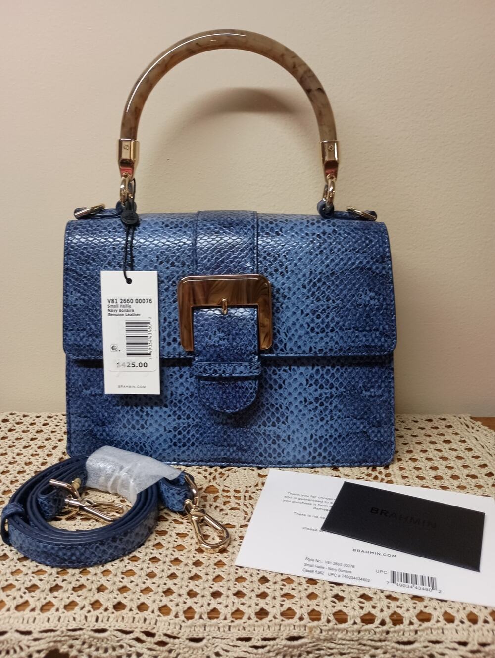 NWT Brahmin Small Hallie Navy Bonaire Leather Satchel Bag